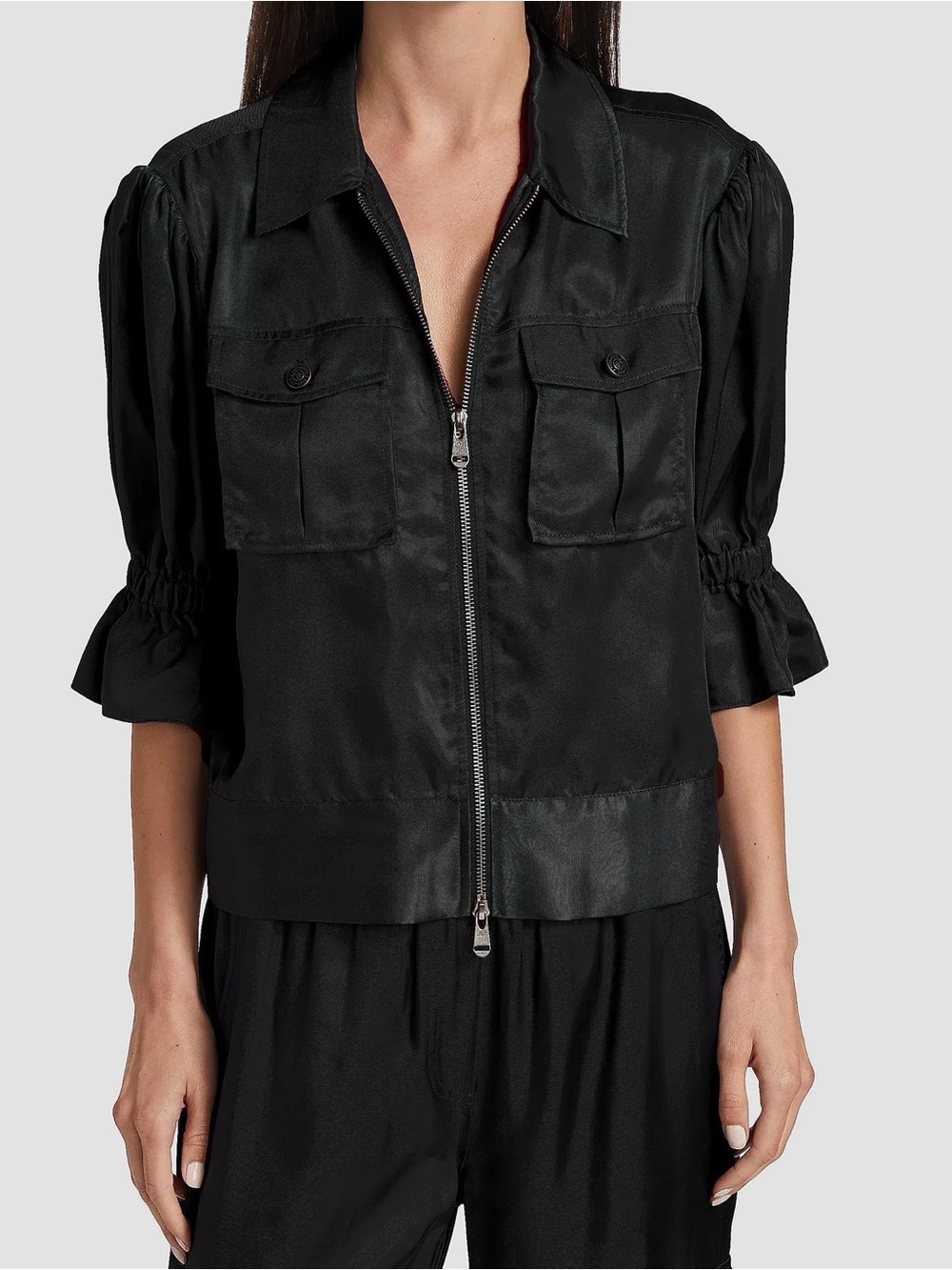 Cinq a Sept Holly Puff Sleeve Utility Black Zip-Front Women’s Jacket Cupro, Med